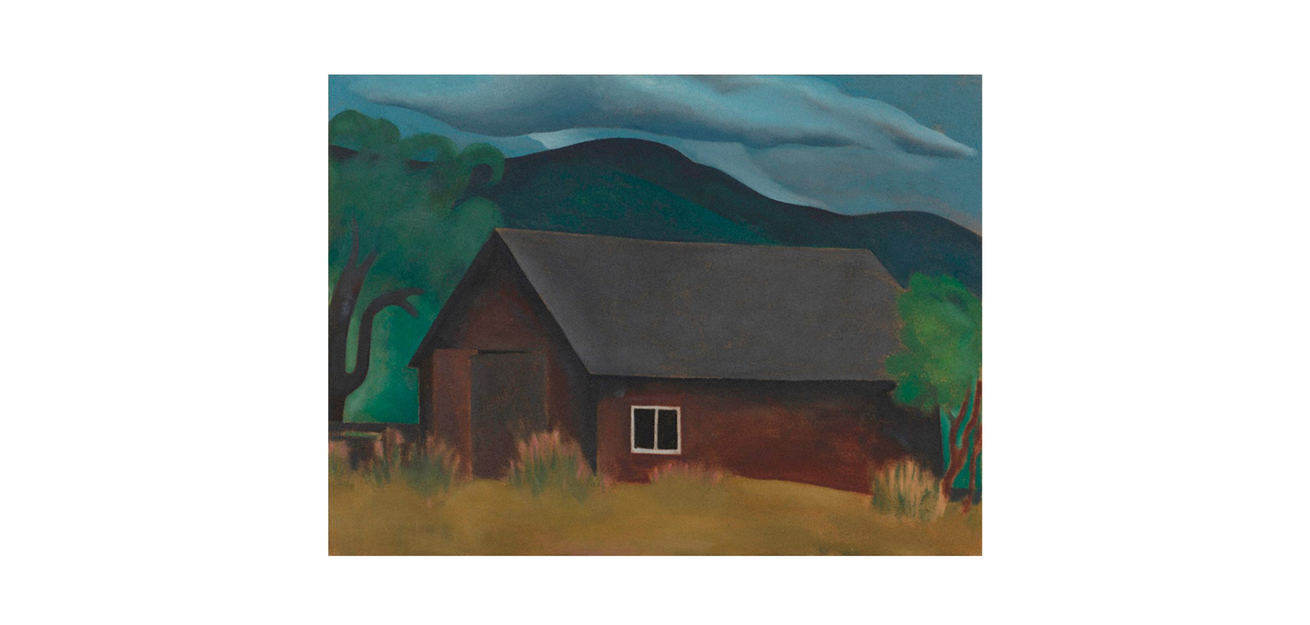 A Georgia O'Keeffe painting of a barn at Lake George.
