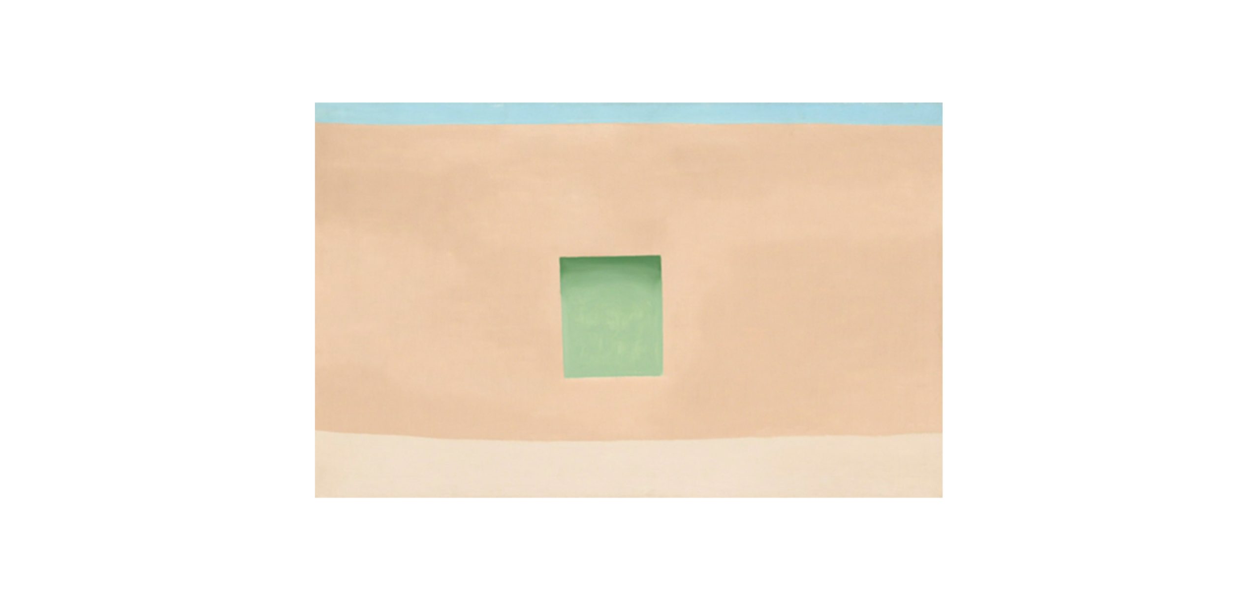 A Georgia O'Keeffe painting of a tan wall with a green door.