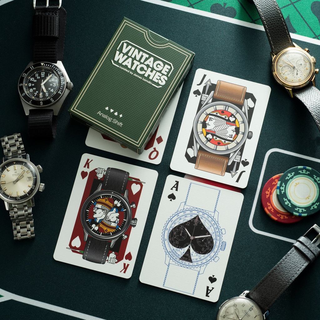Éditions de la Tour × Analog:Shift - Vintage Watches Playing Cards are shown on a table with vintage watches