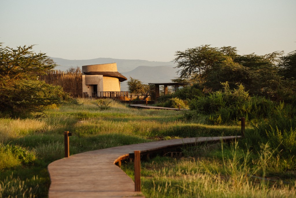 A wooden path leaving to a low plaster building, surrounded by tall grasses and acacia trees.