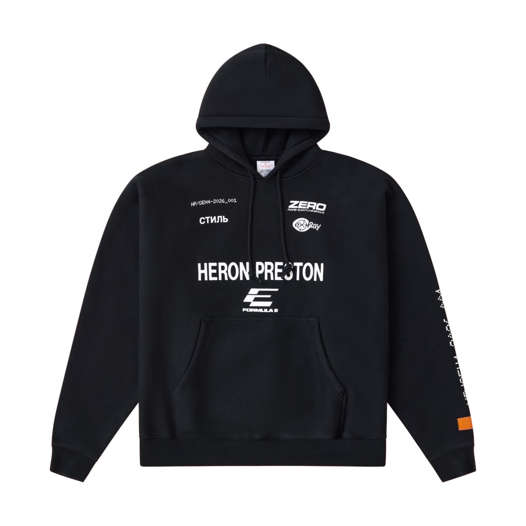 A black Heron Preston x Formula E hoodie with white brand logos and typography meant to emulate text on the side of a racecar.