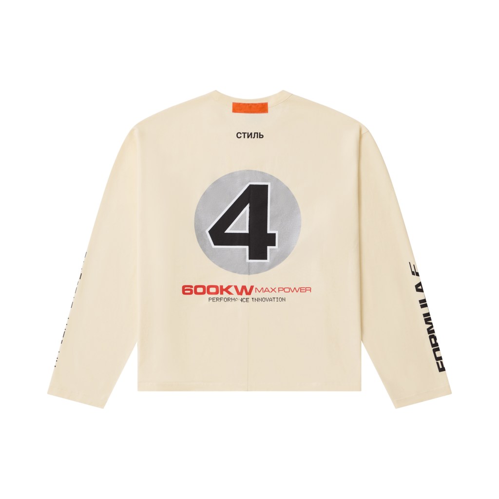 A long sleeve cream tee shirt with a large 4 in a circle graphic and orange text below it that says "600KW MAX POWER."