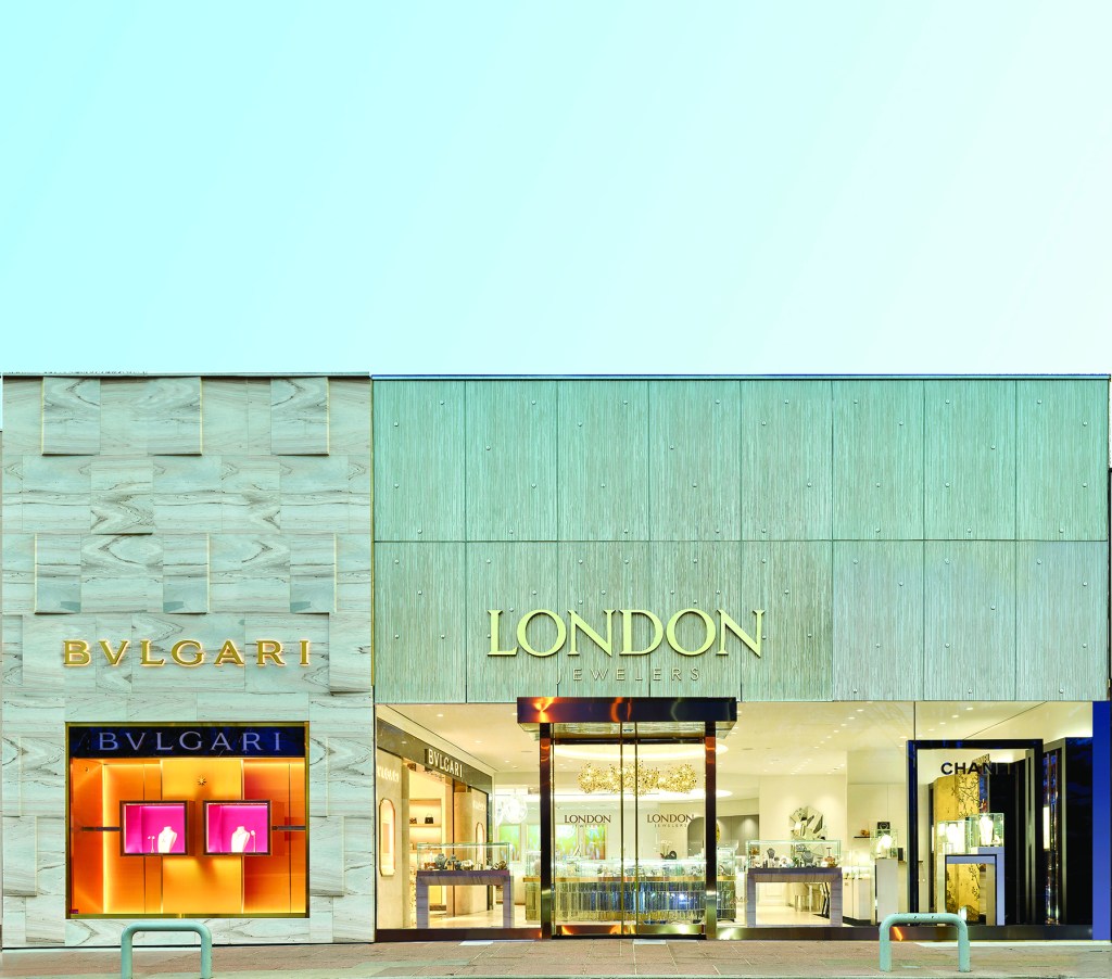 An exterior shot of the London Jewelers store with a Bulgari store to its left. 