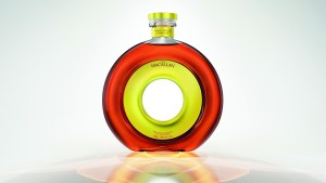 A circular glass bottle of The Macallan Time:Space Sherry Cask on a white background.