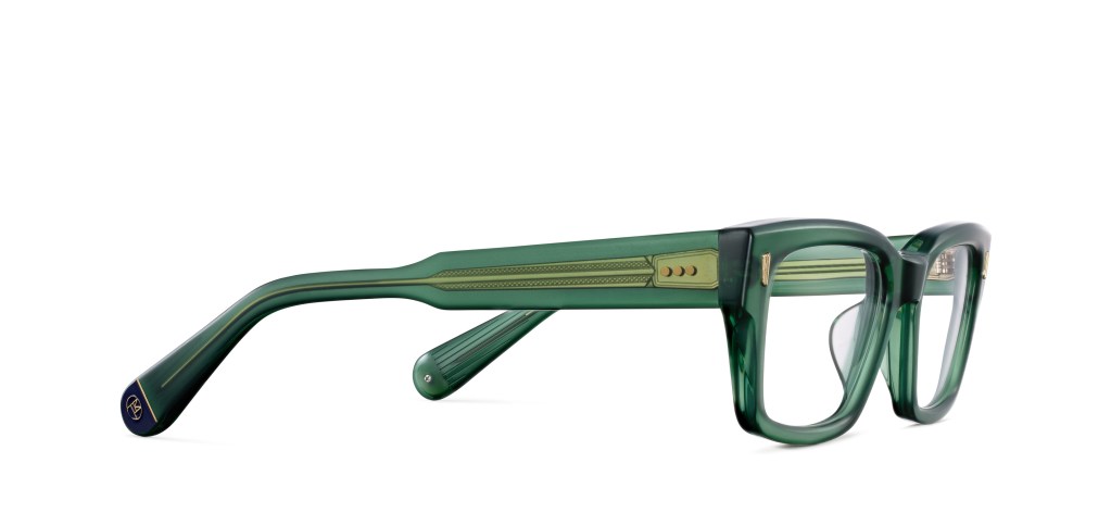A 3/4 view of a green pair of Morgenthal Frederics with gold details on a white background.