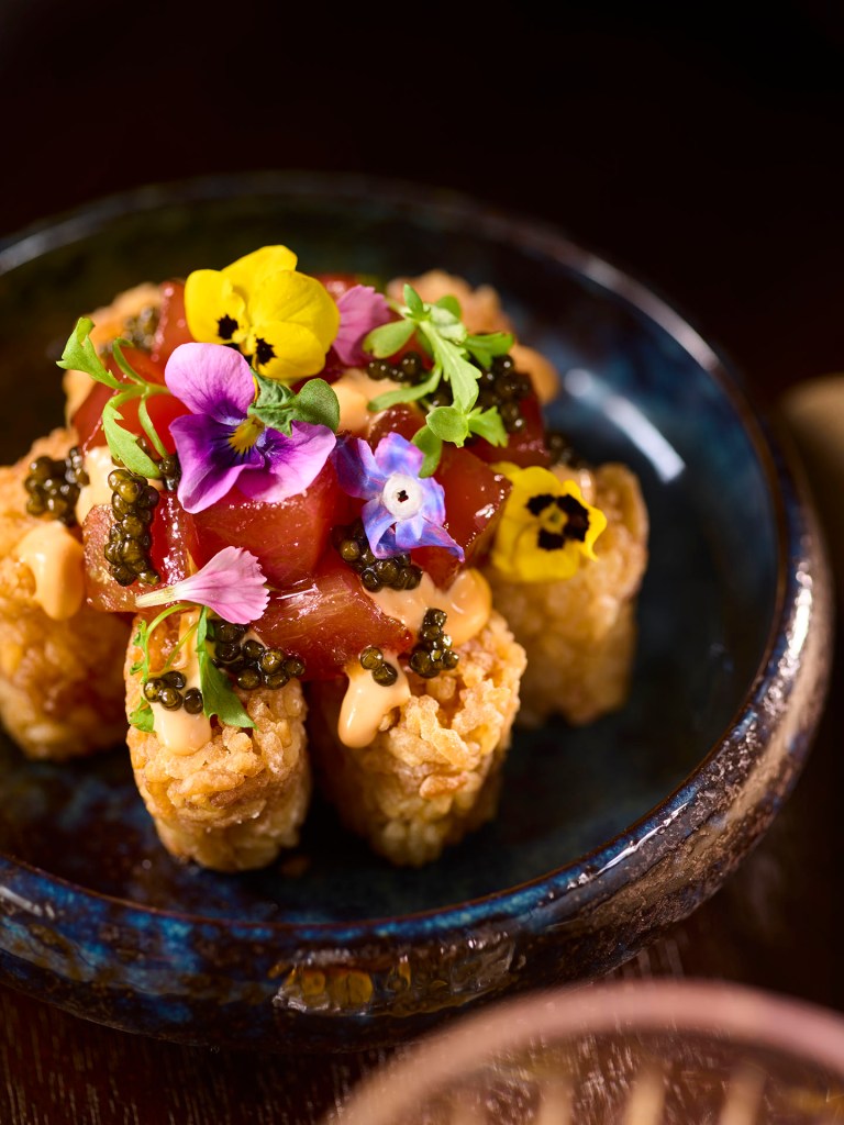 An overhead shot of sushi tots at the Vinyl Room in The Truth.