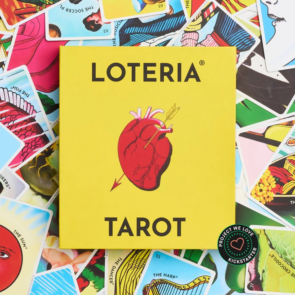 Loteria Tarot card box sits on top of its tarot cards